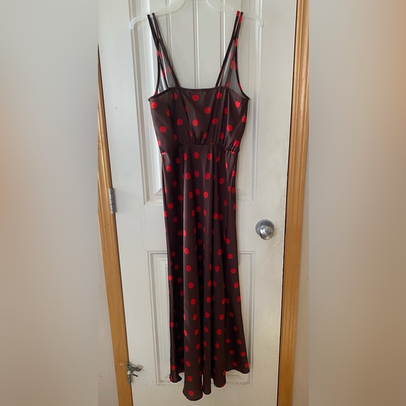 Zara Women’s Brown Red Polka Dot Satin Feel Spaghetti Strap MIDI Dress NWT XS - Picture 6 of 8